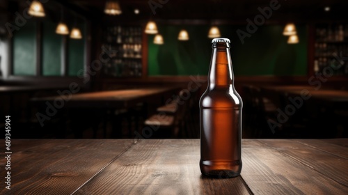Beer bottle with blank front, realistic on a mockup template in a wooden tabl...