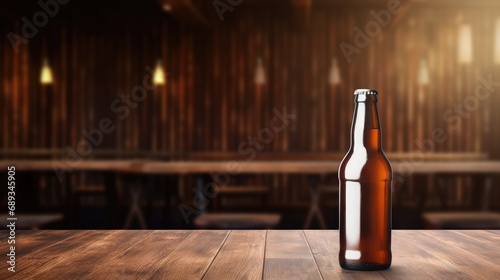 Beer bottle with blank front, realistic on a mockup template in a wooden tabl...