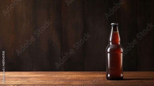 Beer bottle with blank front, realistic on a mockup template in a wooden tabl...