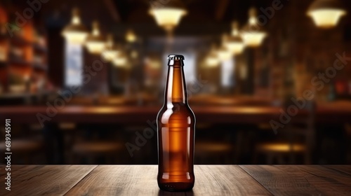 Beer bottle with blank front, realistic on a mockup template in a wooden tabl...