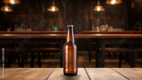 Beer bottle with blank front, realistic on a mockup template in a wooden table in a irish pub