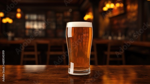 beer glass with blank front, realistic on a mockup template in a wooden table in a irish pub