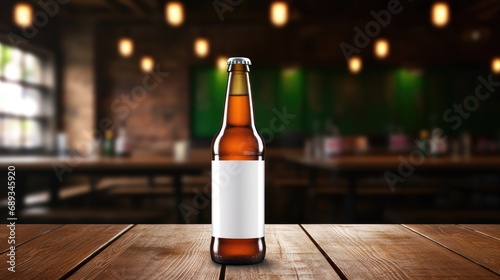 Beer bottle with blank front, realistic on a mockup template in a wooden tabl...