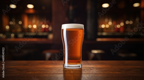 beer glass with blank front, realistic on a mockup template in a wooden table...