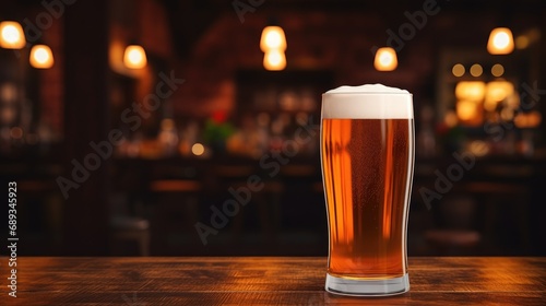 beer glass with blank front  realistic on a mockup template in a wooden table in a irish pub