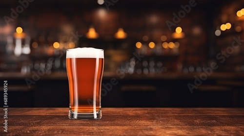 beer glass with blank front, realistic on a mockup template in a wooden table...