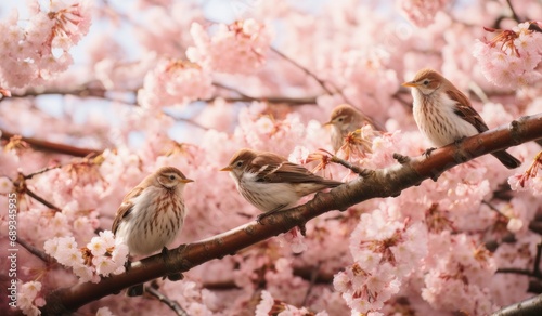 birds on the branch against cherry blossom blossoms,