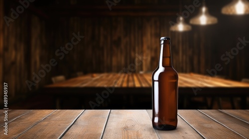 Beer bottle with blank front, realistic on a mockup template in a wooden tabl...