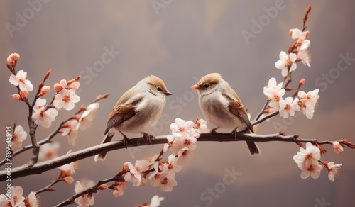 birds on the branch against cherry blossom blossoms,