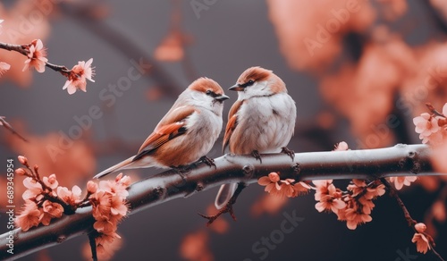 birds on the branch against cherry blossom blossoms,