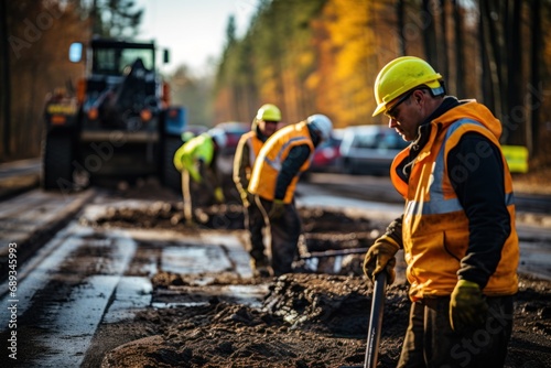 Road construction with view of two human workers beyond road machinery surfacing with asphalt photo