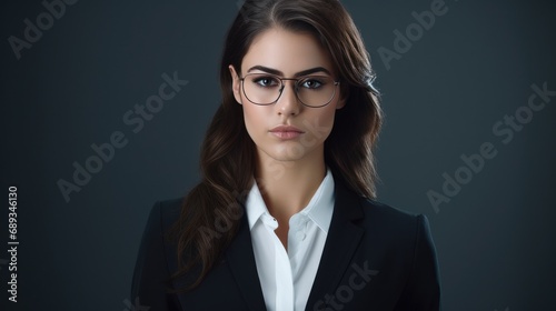 business woman with glasses poses behind gray background,