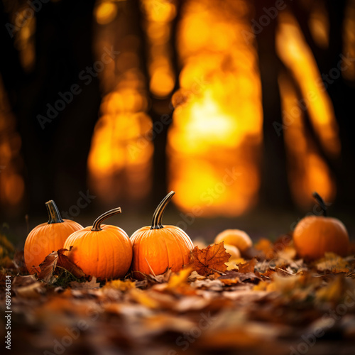 pumpkins on the ground with leaves in a dark forest