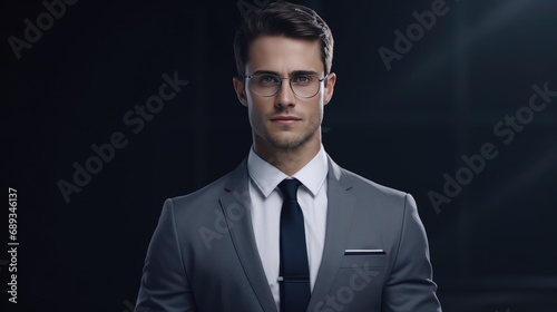 business woman with glasses poses behind gray background,