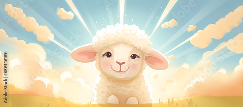 Cartoon. A sheep among the clouds and the sun. Banner. Generated AI. Modified in Photoshop