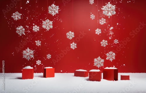 christmas holiday decoration snowflakes falling on red background,