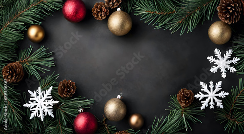 Top view of Christmas ball, pine tree branch, gift box and snowflake on dark background.