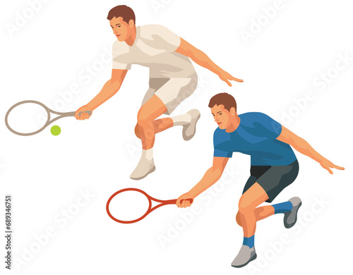 Figures of a tennis player in casual blue and classic white sports uniform who bent down to hit the ball with a racket