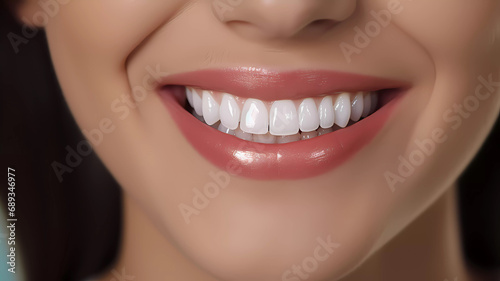 The girl smiles. Teeth, dentistry. Smile close-up. Banner. AI generated. Edited in Photoshop