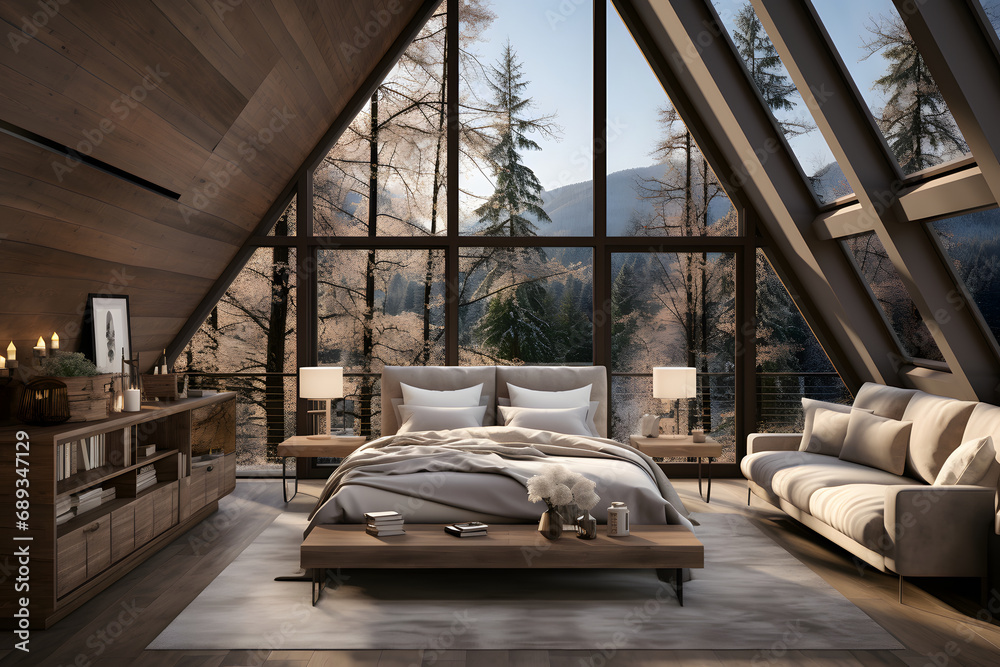 Interior of cozy montain chalet bedroom with large bed and big window. ai generated