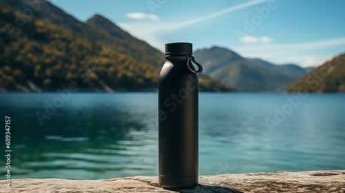 Image of a black thermo water bottle the backdrop of a serene lake. photo