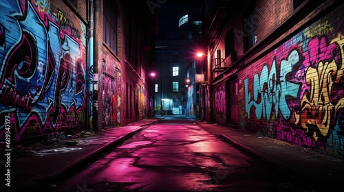 Image of a dark alley with graffiti on the walls. © kept