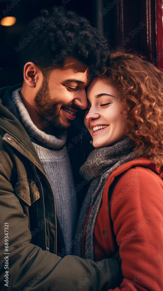 Multiethnic couple in love in winter clothing, hugging and sharing a tender moment.