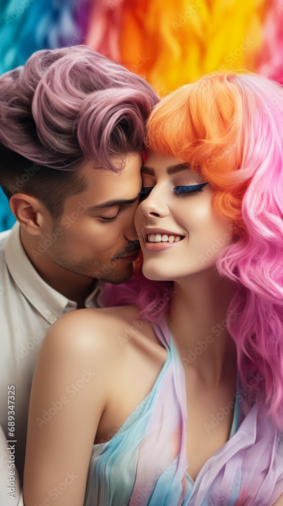 Couple with dyed hair, pink and orange, standing close together with a rainbow background. Couple with dyed hair, pink and orange, standing close together with a rainbow background.