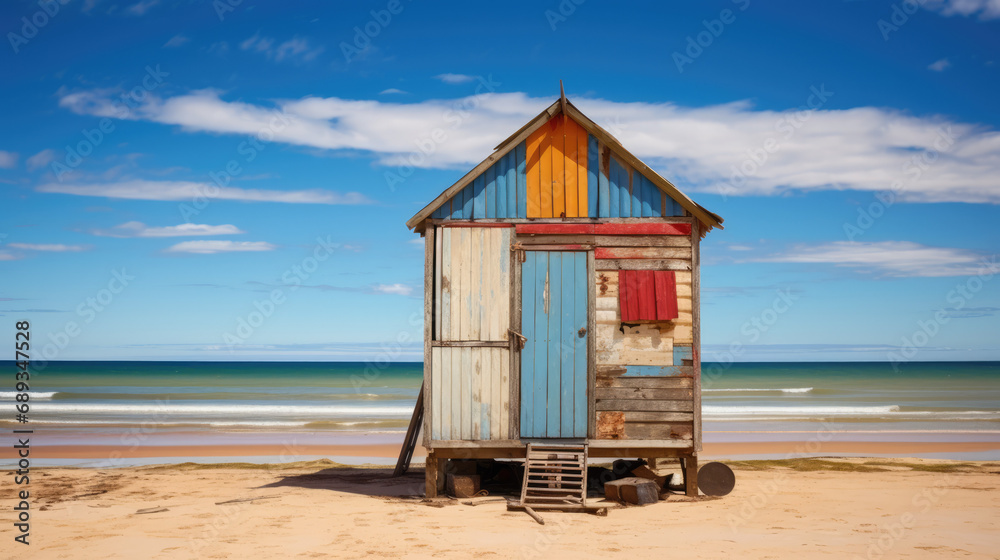 A rustic colourful beach hut stands alone on the beach with the calm sea in the background.