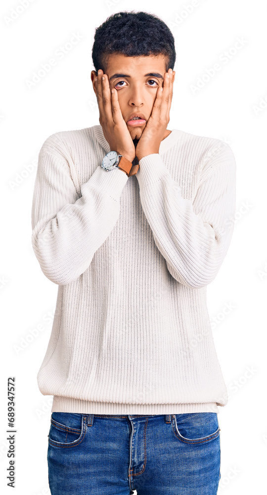 Young african amercian man wearing casual clothes tired hands covering face, depression and sadness, upset and irritated for problem Young african amercian man wearing casual clothes tired hands covering face, depression and sadness, upset and irritated for problem