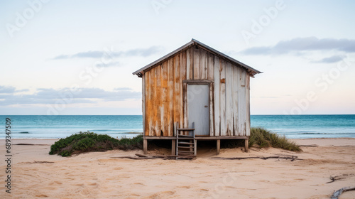 A rustic beach hut stands alone amidst sand dunes with the calm sea in the background. © Jan