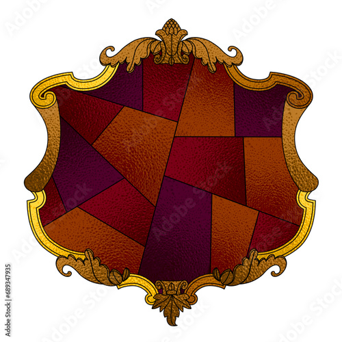 Signboard and banner with baroque decorative frame in staining glass style isolated on white. Retro design element. Vector illustration