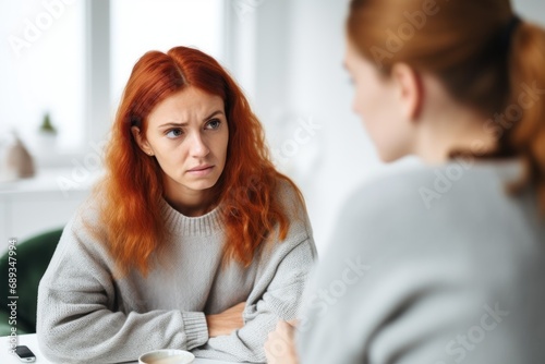 Two excited young women with red long hair talking at the table at home