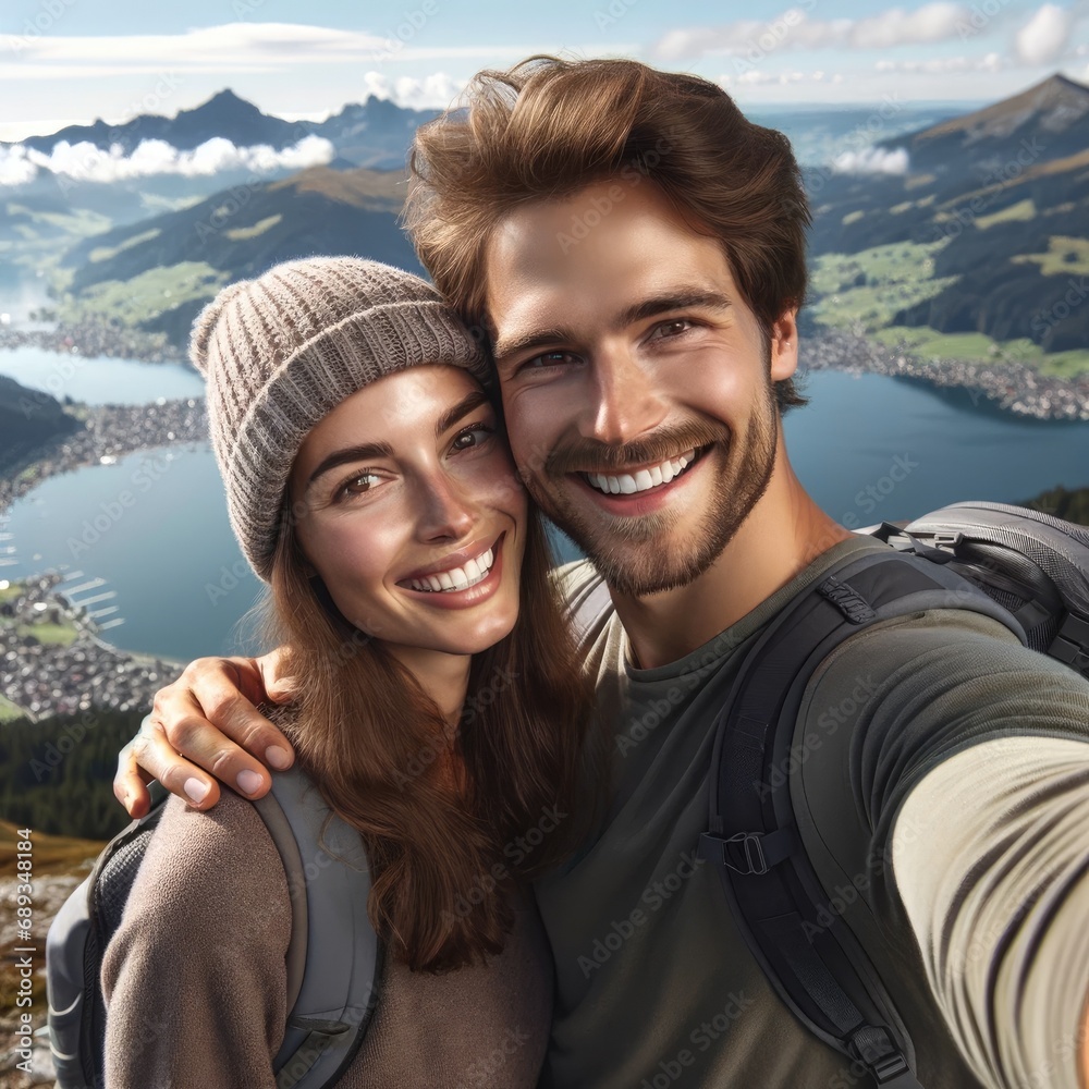 Happy Couple's Selfie with Mountain Lake View