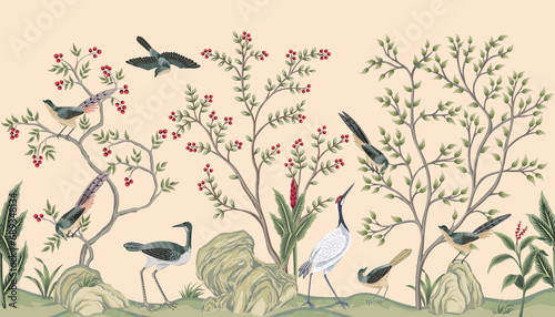 Vintage botanical garden tree, crane, Chinese birds, stone, plant floral seamless border. Exotic chinoiserie mural. #689348134