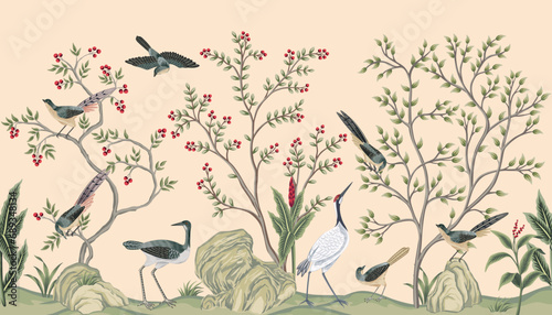 Vintage botanical garden tree, crane, Chinese birds, stone, plant floral seamless border. Exotic chinoiserie mural.