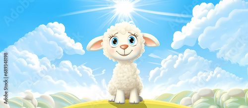 Cartoon. A sheep in a meadow among clouds and sun. Banner. Generated AI. Modified in Photoshop