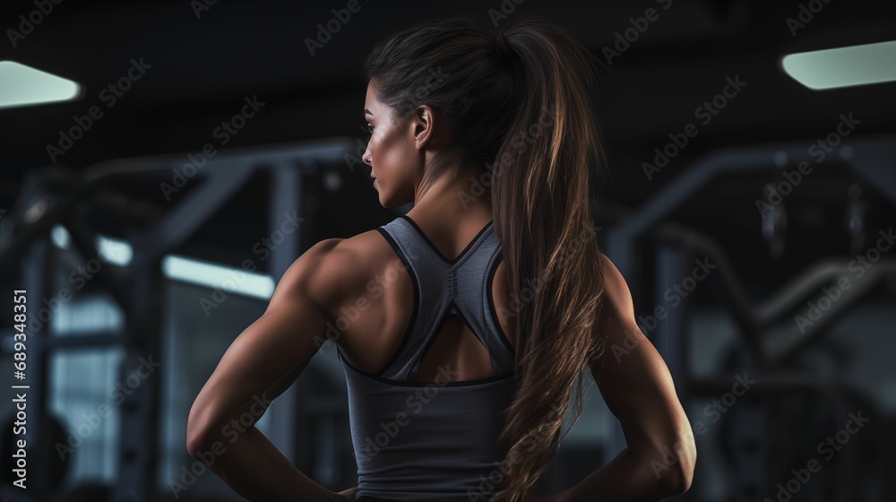 Fototapeta premium Image of a fitness woman focusing on biceps and back training in the gym.