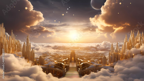 Golden heavenly city in the clouds. Clouds. Banner. Generated AI. 