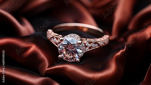Engagement golden ring with diamond and small gems editorial photo placed on the minimalistic silk satin fabric stand