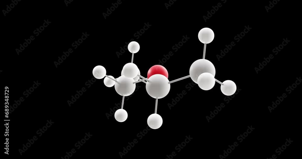 Diethyl ether molecule, rotating 3D model of simply ether, looped video on a black background