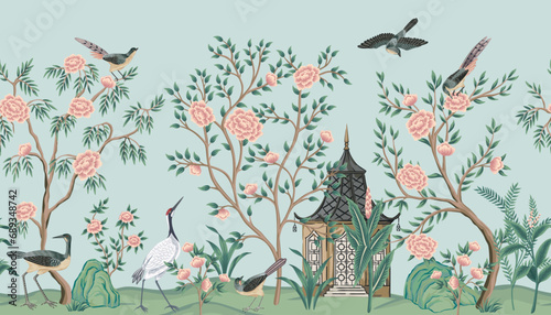 Vintage botanical rose tree, crane, bird, Chinese pagoda, plant floral seamless border blue background. Garden chinoiserie mural.