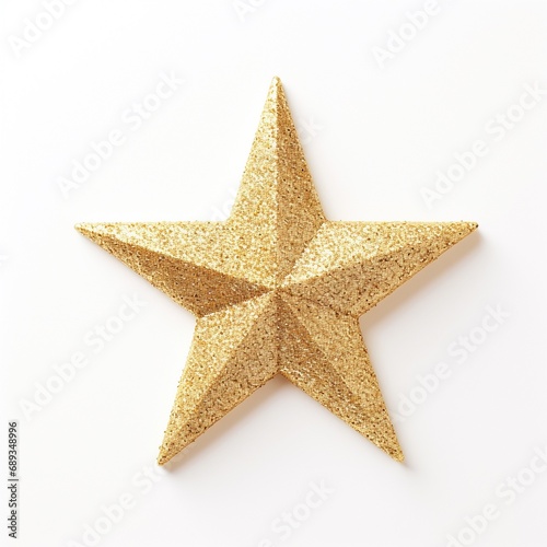 Gold Star on white background isolated. Decoration Christmas tree top gold star. Gold glitter star decoration on top of a Christmas tree with isolated against white