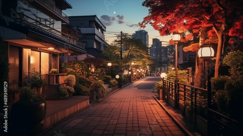 Image of city town in the evening, featuring charming houses. © kept