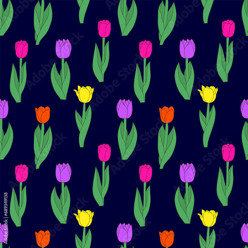 Flower tulip with leaf seamless pattern. Cartoon vector stock illustration. EPS 10