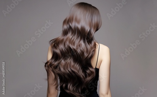 back view of attractive girl with gorgeous  curly long shiny brown hair, studio portrait photo