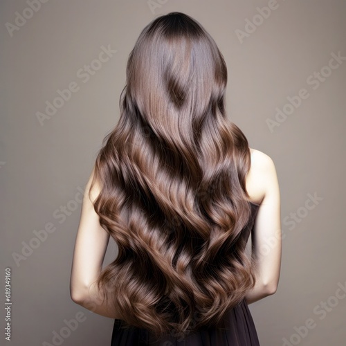 a beautiful girl portrait with stunning curly long shiny brown hair, seen from the back photo