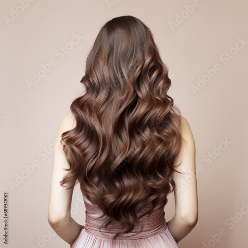 back view of a girl with beautiful wavy healthy curly long shiny brown hair