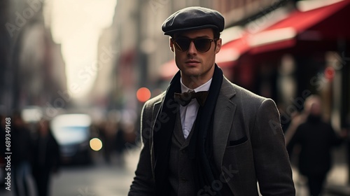 Fototapeta Naklejka Na Ścianę i Meble -  Stylish man wearing sunglasses and white shirt walking on a city street