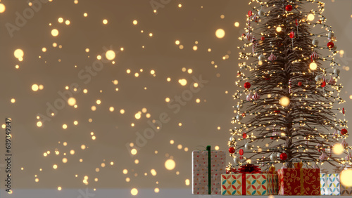 3d christmas tree decoration with light, glass ball and red ornaments on background bokeh of side flickering light bulbs garlands for family winter holiday. 4k Video Loop background